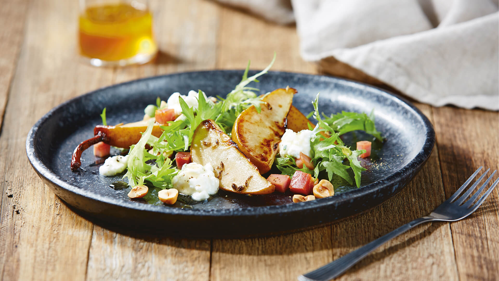 Roasted pear salad with hazelnuts, cottage cheese & pancetta Bulla Foodservice