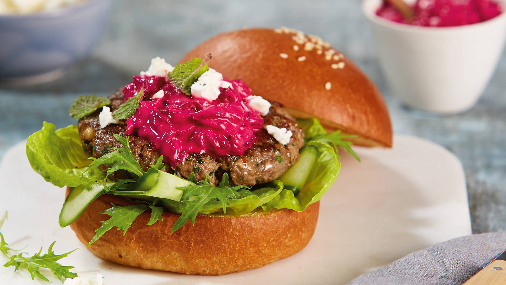 lamb burgers with beetroot tzatziki Bulla Foodservice